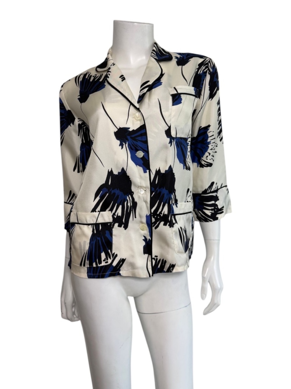 Laura Urbinati Silk Printed PJ Top in Ivory/Blue/Black Size IT 40 US 2-4